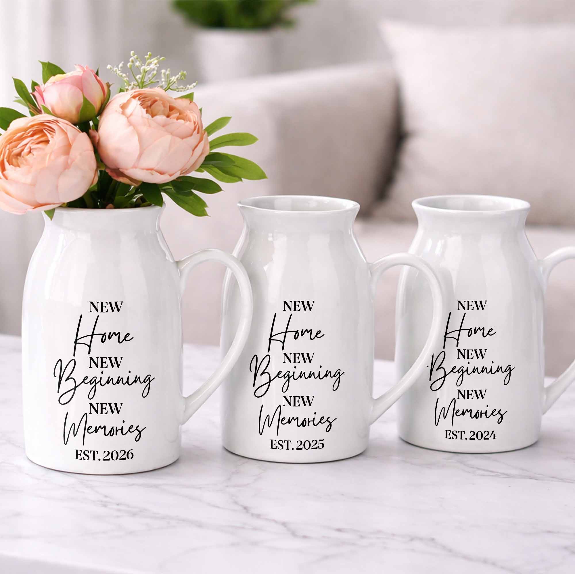 New Home New Beginning New Memories Est. Custom Ceramic Flower Vase - Personalized Ceramic Flower Vase