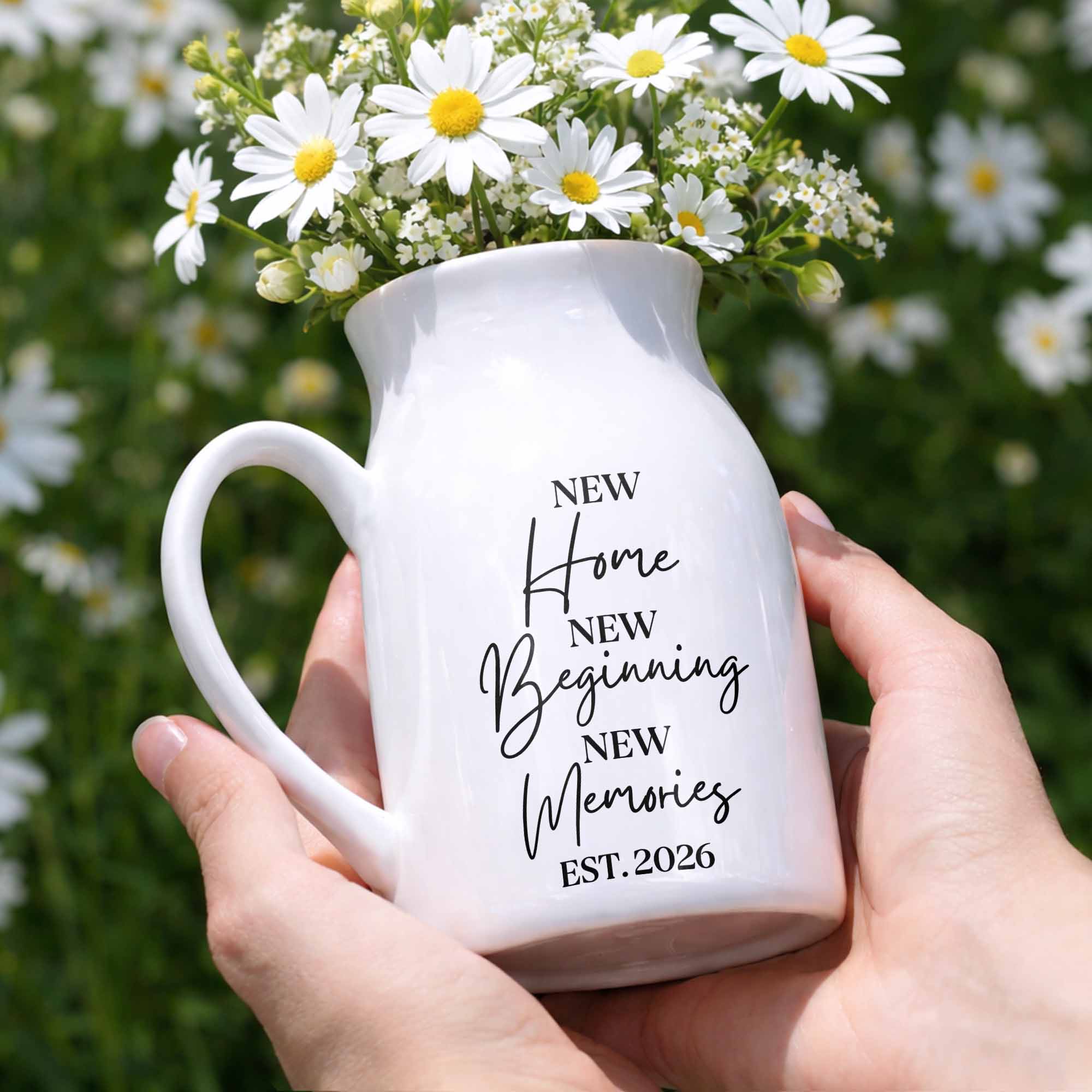 New Home New Beginning New Memories Est. Custom Ceramic Flower Vase - Personalized Ceramic Flower Vase