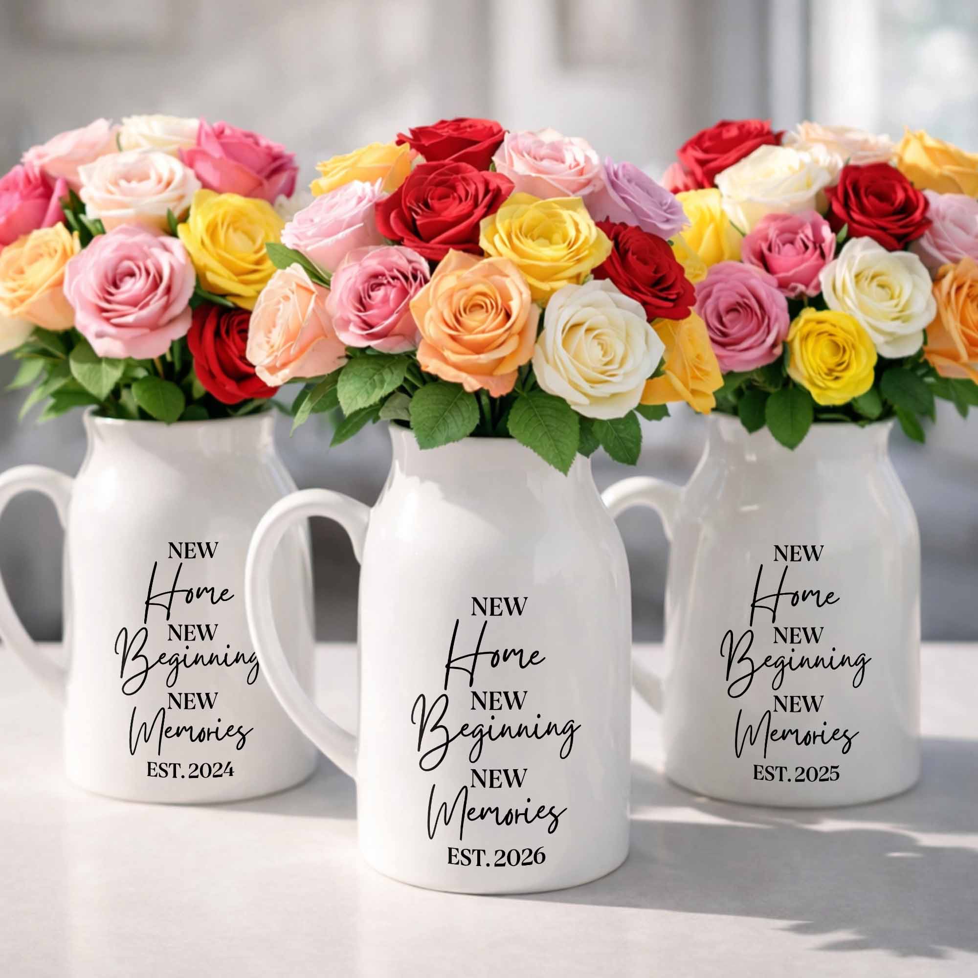 New Home New Beginning New Memories Est. Custom Ceramic Flower Vase - Personalized Ceramic Flower Vase