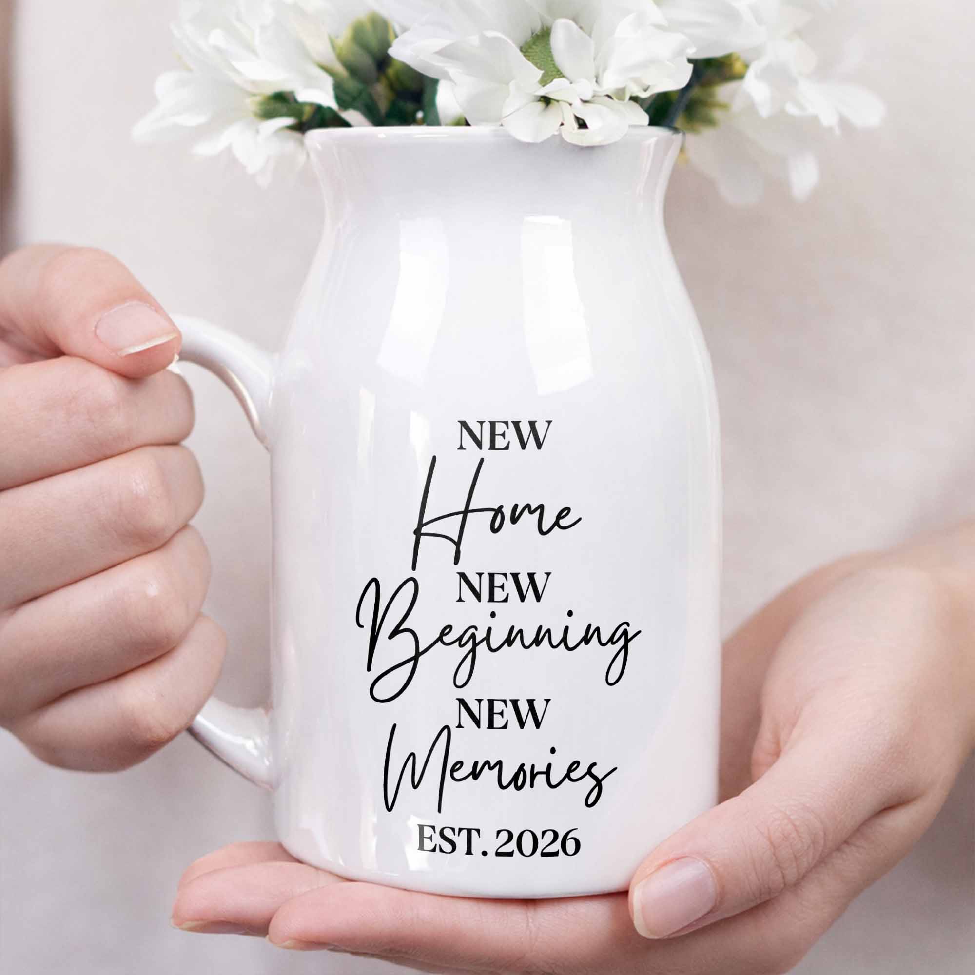 New Home New Beginning New Memories Est. Custom Ceramic Flower Vase - Personalized Ceramic Flower Vase