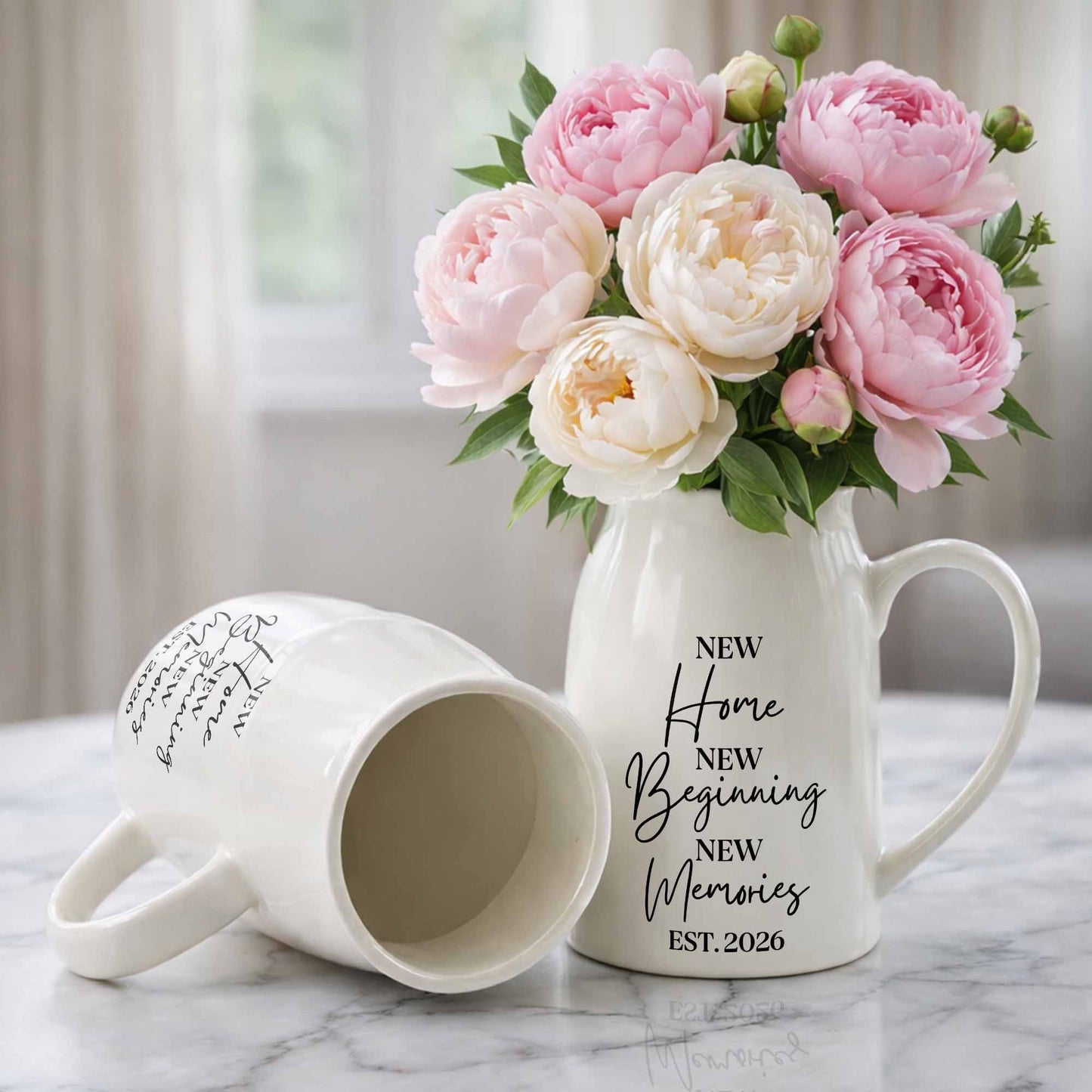 New Home New Beginning New Memories Est. Custom Ceramic Flower Vase - Personalized Ceramic Flower Vase