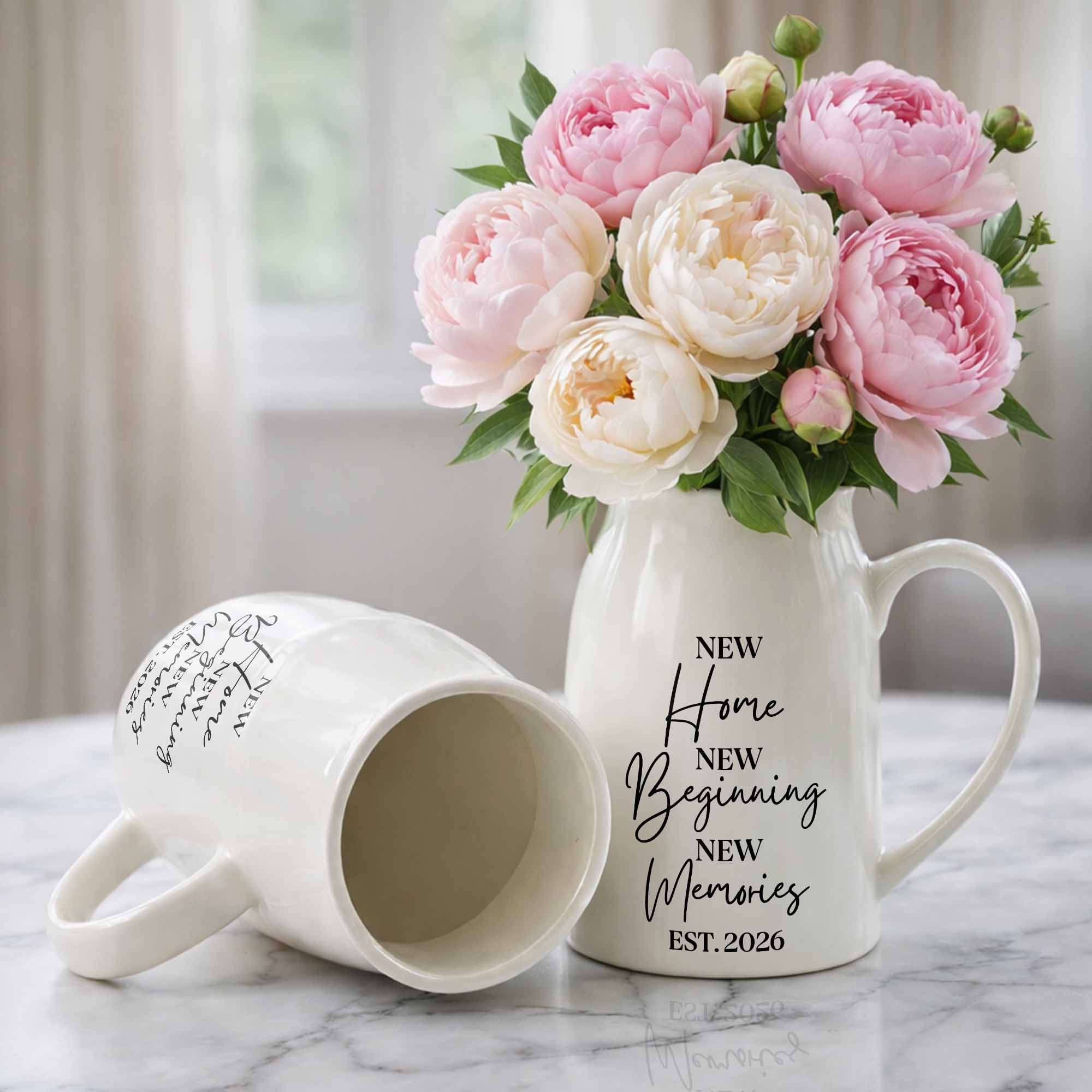 New Home New Beginning New Memories Est. Custom Ceramic Flower Vase - Personalized Ceramic Flower Vase