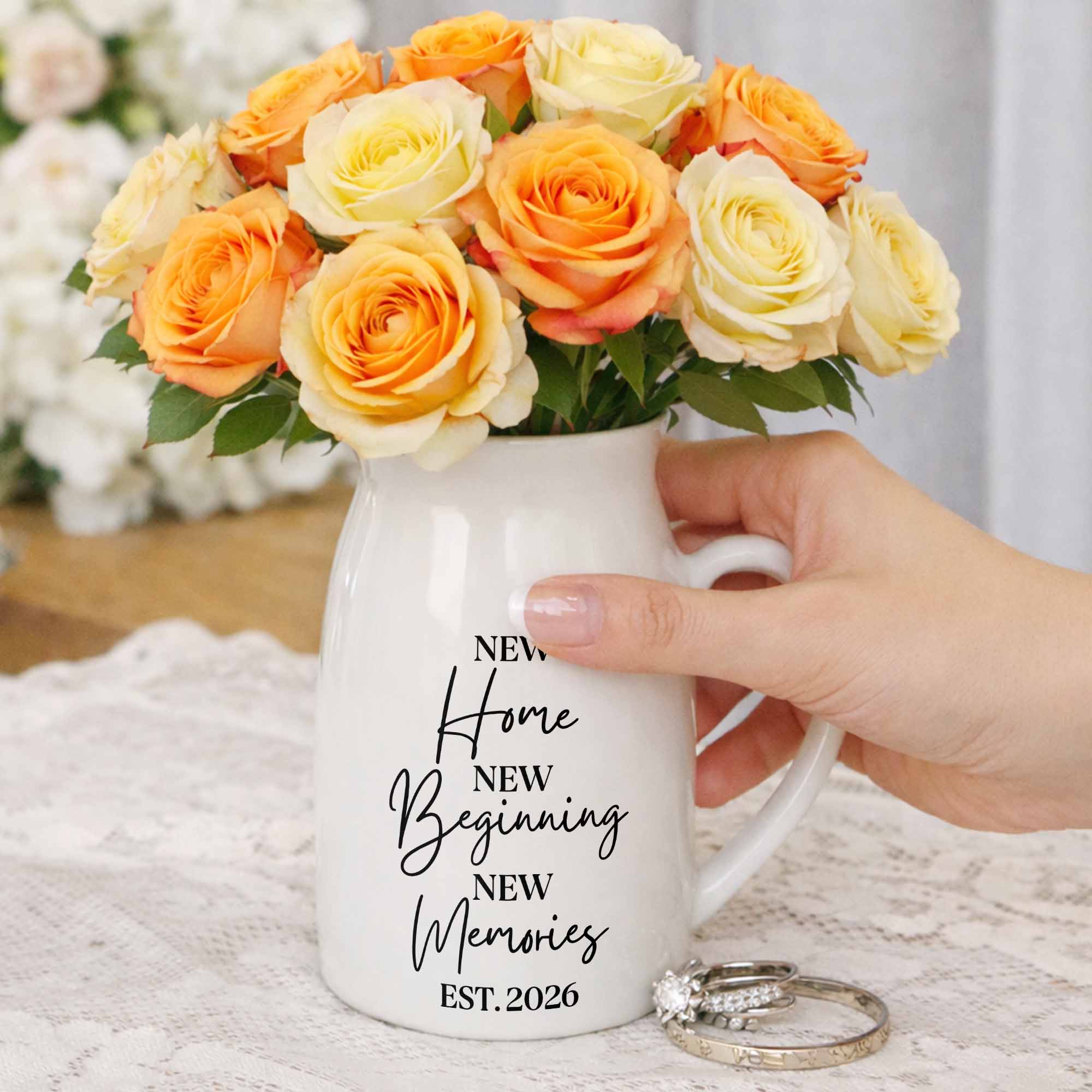 New Home New Beginning New Memories Est. Custom Ceramic Flower Vase - Personalized Ceramic Flower Vase