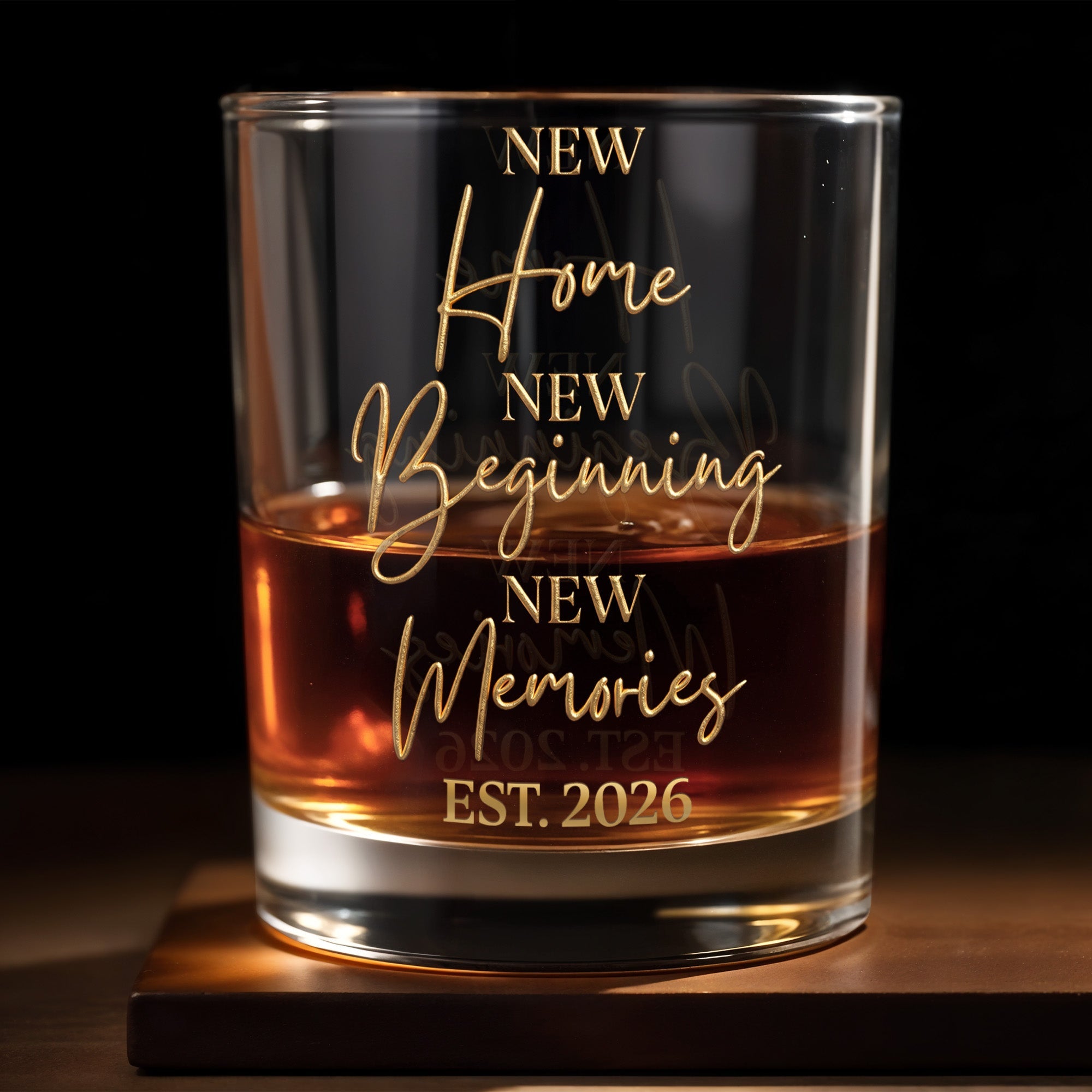 New Home New Beginning New Memories EST Gold Lettering Glass - Personalized Custom Whiskey Glass - FAM881_RWG
