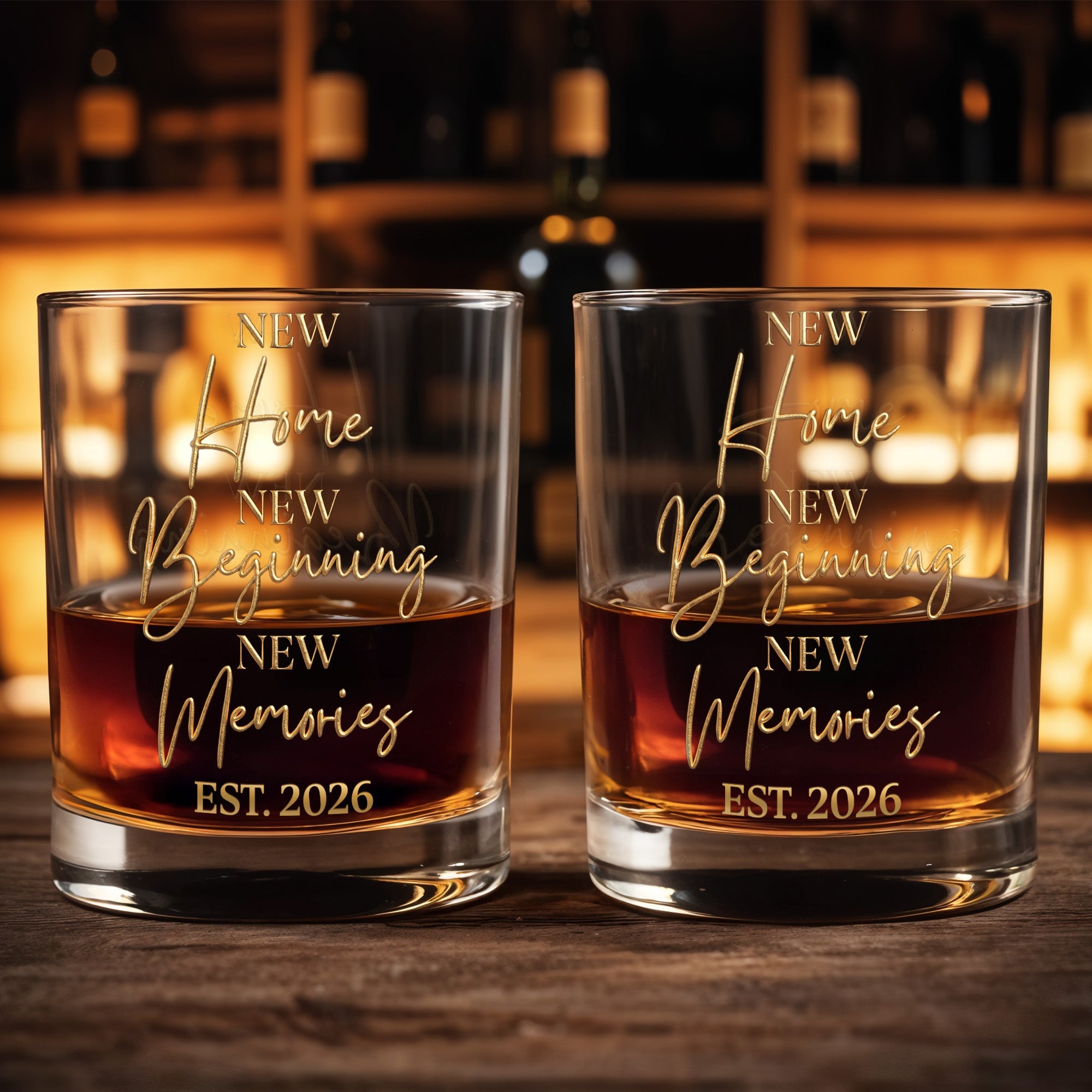New Home New Beginning New Memories EST Gold Lettering Glass - Personalized Custom Whiskey Glass - FAM881_RWG