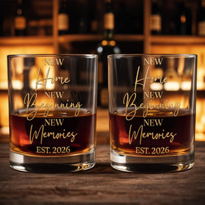 New Home New Beginning New Memories EST Gold Lettering Glass - Personalized Custom Whiskey Glass - FAM881_RWG
