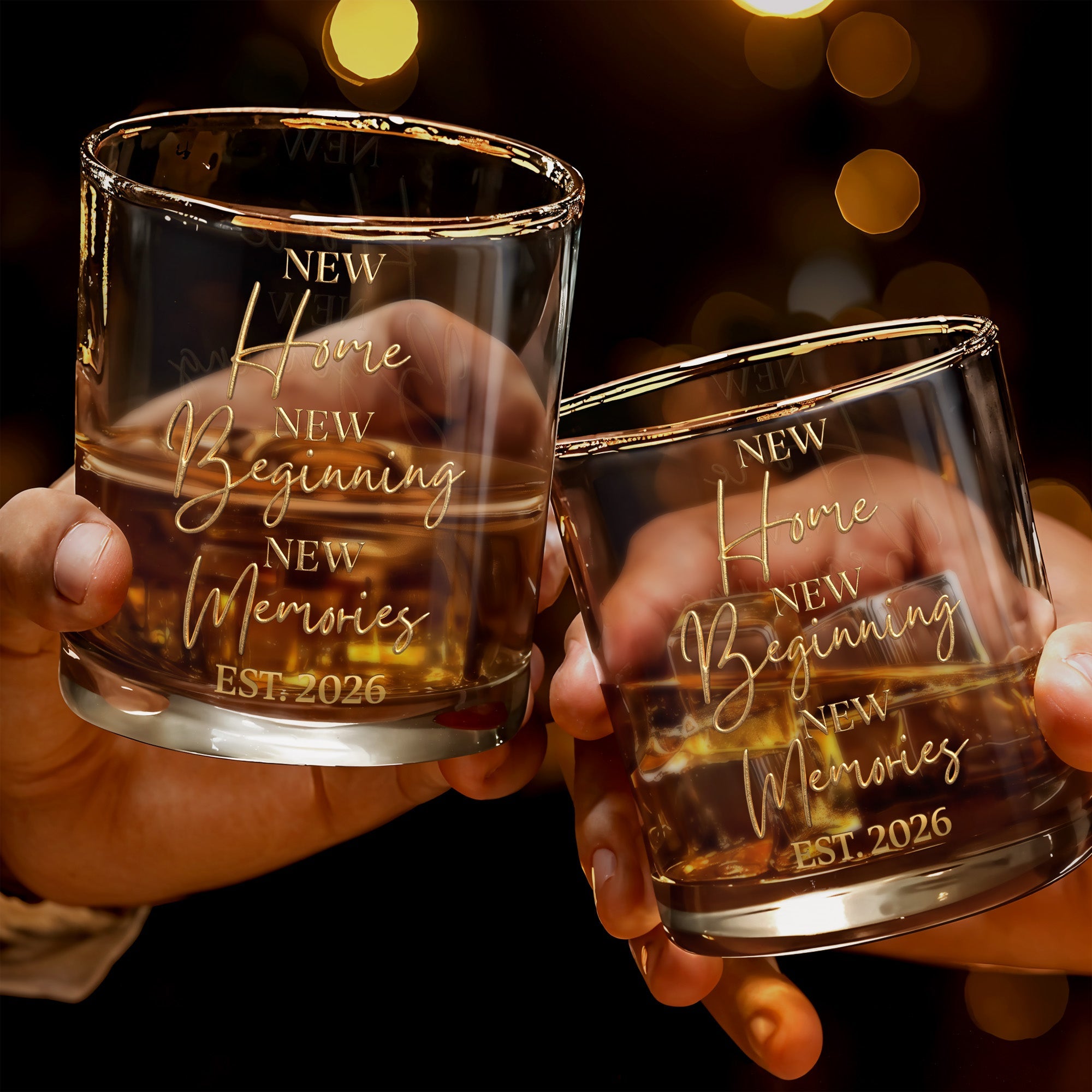 New Home New Beginning New Memories EST Gold Lettering Glass - Personalized Custom Whiskey Glass - FAM881_RWG