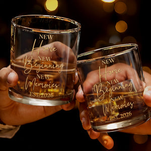 New Home New Beginning New Memories EST Gold Lettering Glass - Personalized Custom Whiskey Glass - FAM881_RWG