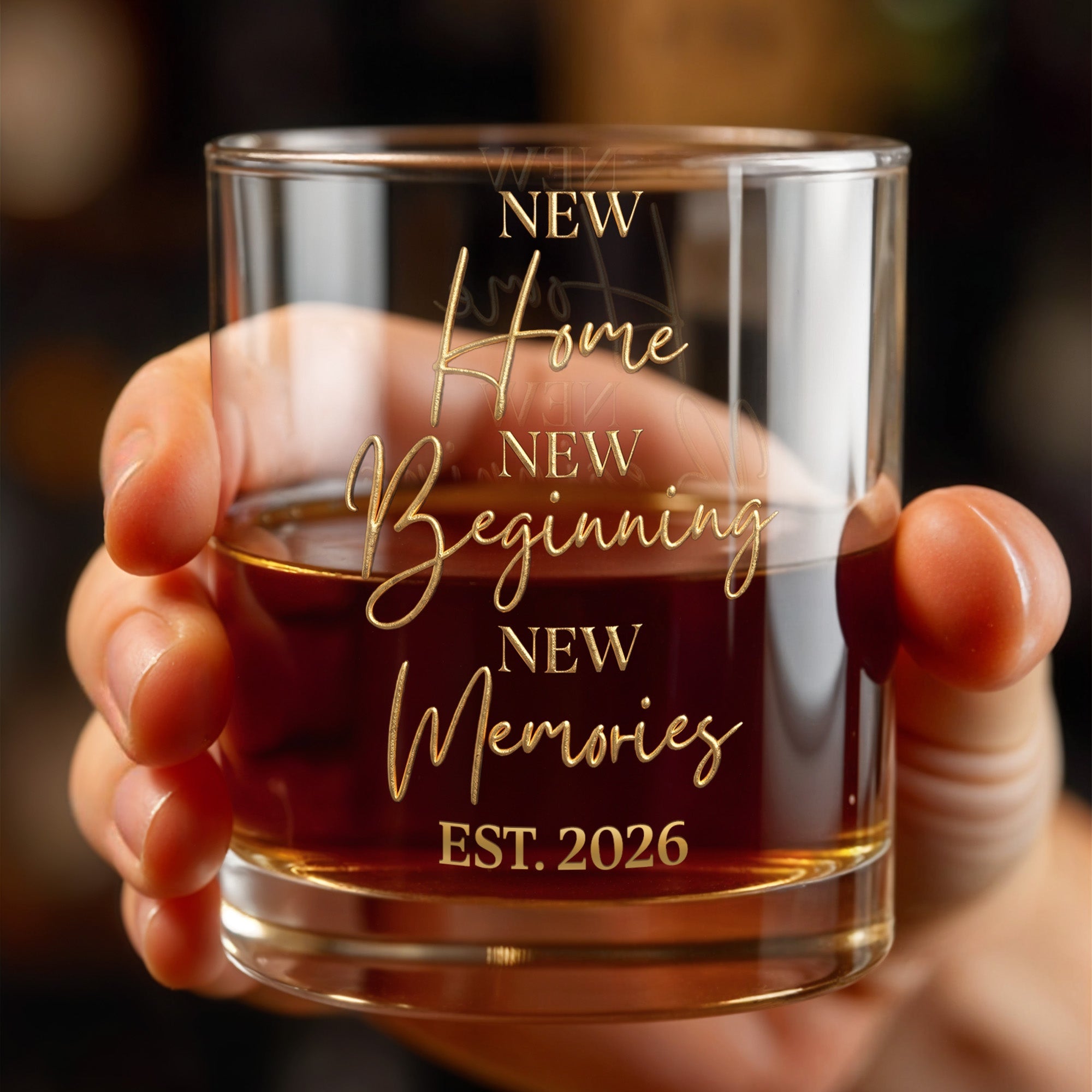 New Home New Beginning New Memories EST Gold Lettering Glass - Personalized Custom Whiskey Glass - FAM881_RWG