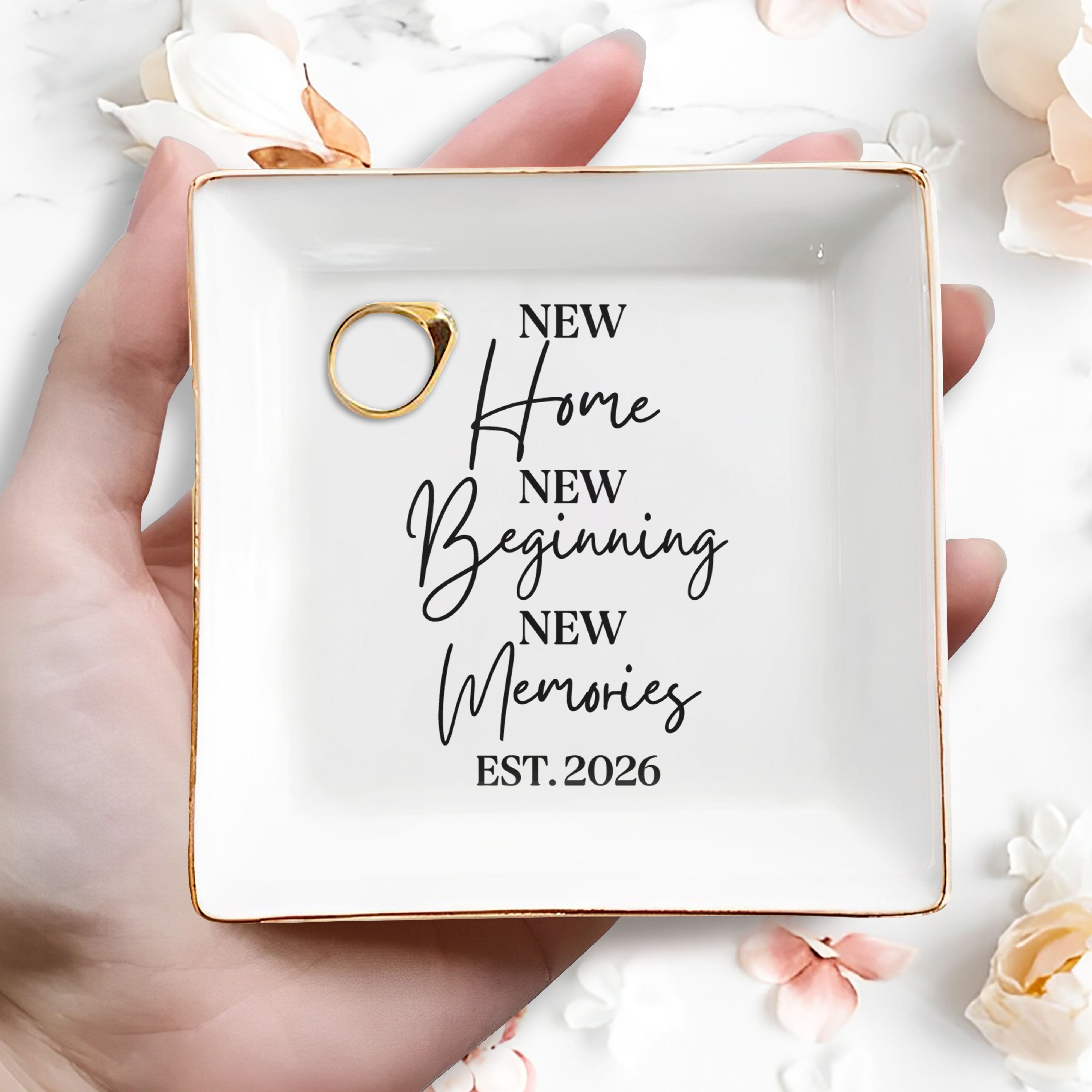 New Home New Beginning New Memories Est Custom Gold Trim Dish - Personalized Custom Jewelry Dish, Square Ceramic Dish - FAM881_SCRD