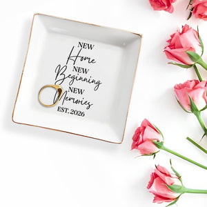 New Home New Beginning New Memories Est Custom Gold Trim Dish - Personalized Custom Jewelry Dish, Square Ceramic Dish - FAM881_SCRD