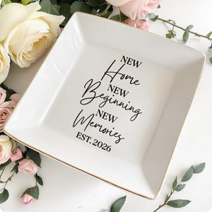 New Home New Beginning New Memories Est Custom Gold Trim Dish - Personalized Custom Jewelry Dish, Square Ceramic Dish - FAM881_SCRD
