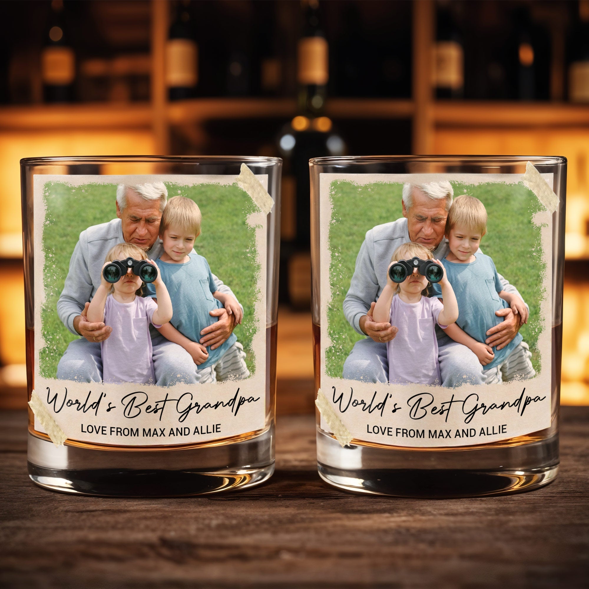 World's Best Grandpa Vintage Photo Upload Personalized Glass - Personalized Custom Whiskey Glass - FAM888_RWG