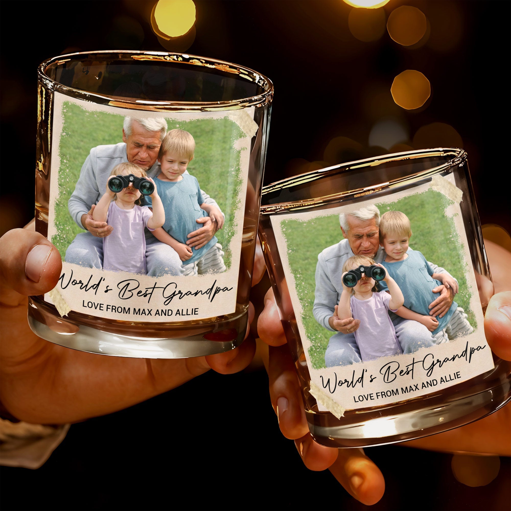 World's Best Grandpa Vintage Photo Upload Personalized Glass - Personalized Custom Whiskey Glass - FAM888_RWG