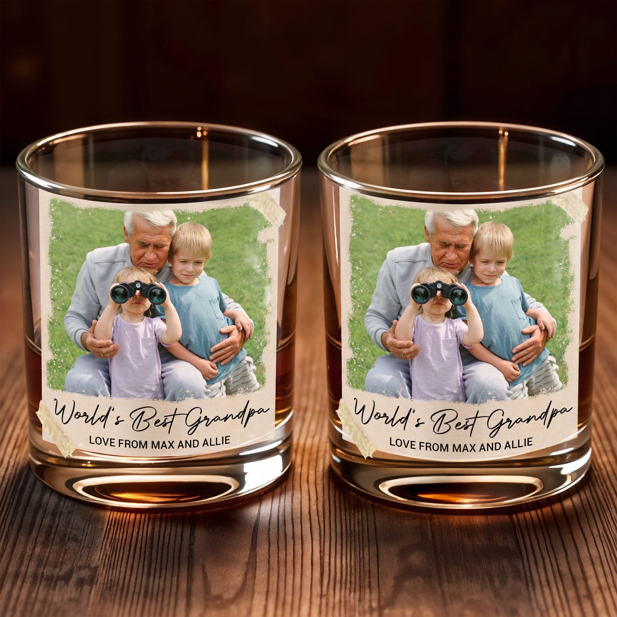 World's Best Grandpa Vintage Photo Upload Personalized Glass - Personalized Custom Whiskey Glass - FAM888_RWG