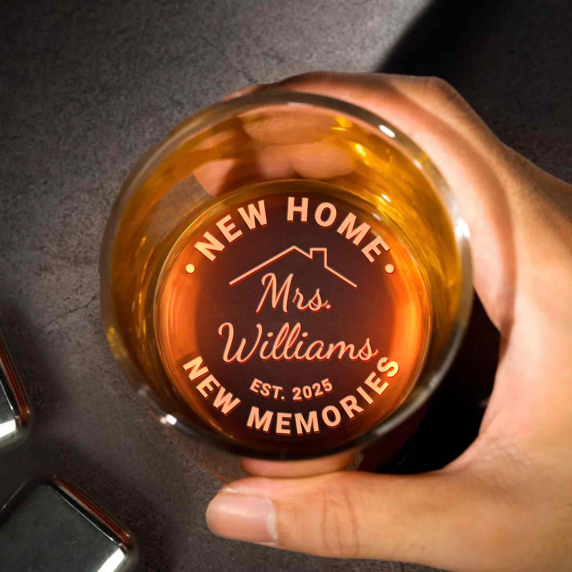 New Home New Memories House Outline Custom Name And Est - Personalized Engraved Whiskey Glass - FAM972_EWG