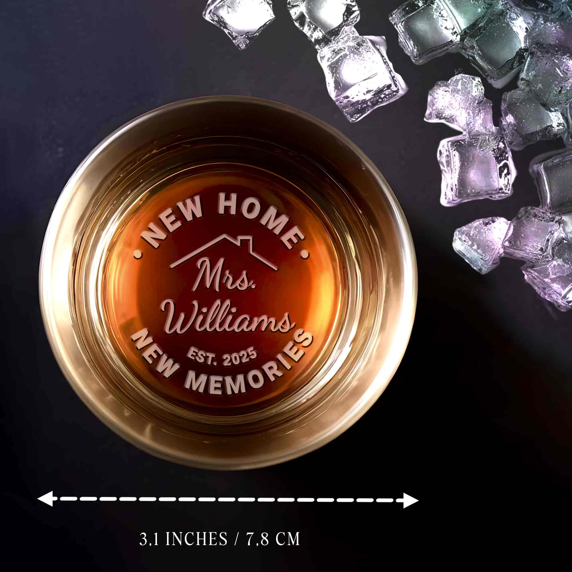 New Home New Memories House Outline Custom Name And Est - Personalized Engraved Whiskey Glass - FAM972_EWG