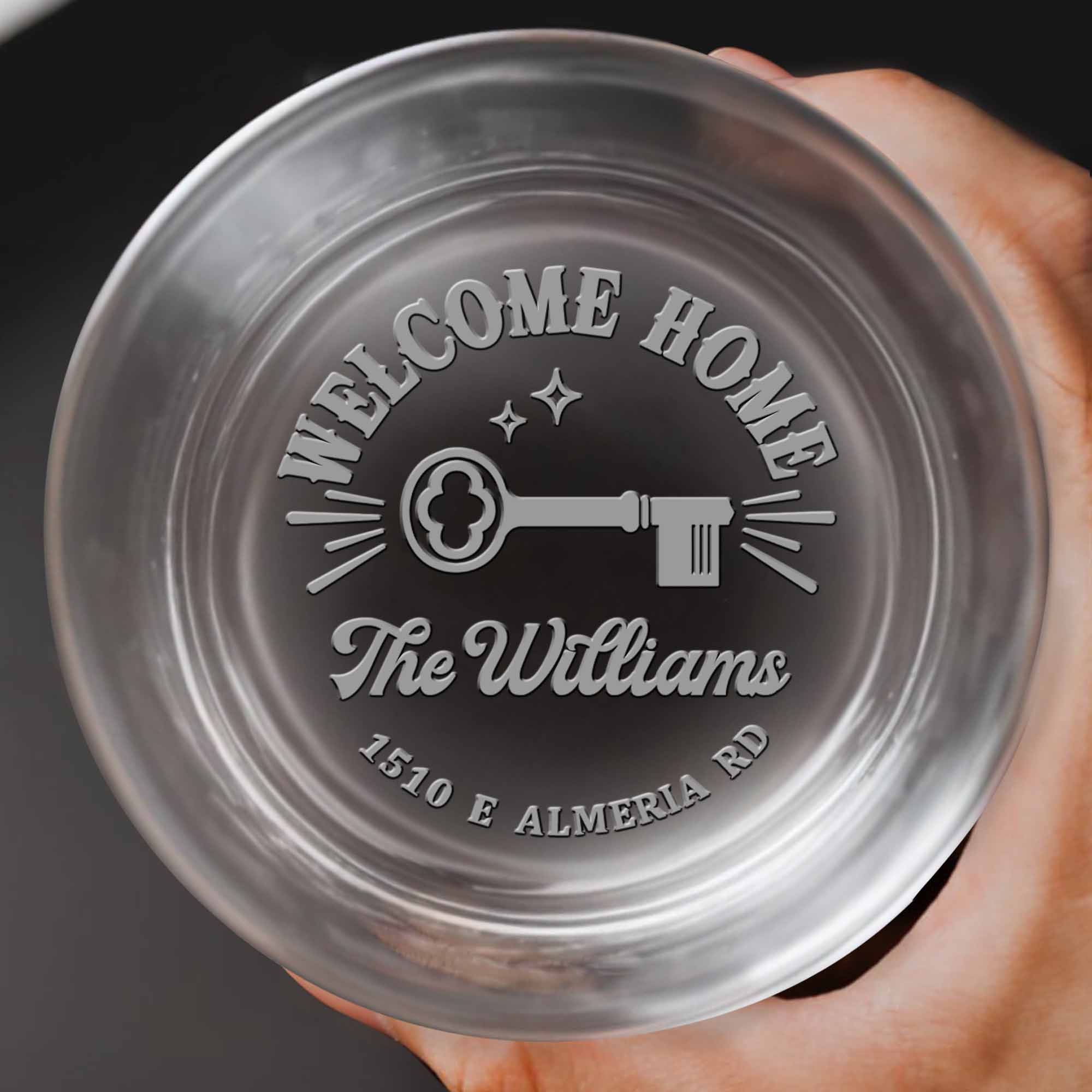 Welcome Home Key Custom Family Name And Address - Personalized Engraved Whiskey Glass - FAM973_EWG