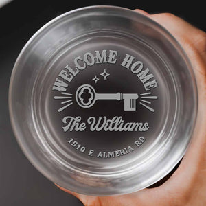 Welcome Home Key Custom Family Name And Address - Personalized Engraved Whiskey Glass - FAM973_EWG