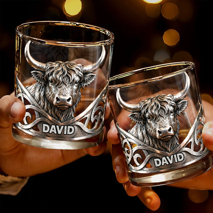 Highland Cow Majestic And Wild Silver Spirit Of The Hills - Personalized Custom Whiskey Glass - FARM117_RWG