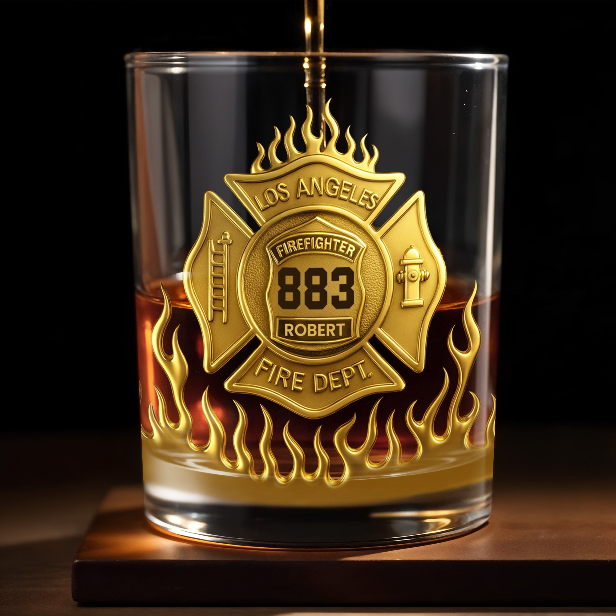Los Angeles Firefighter, Fire Dept Badge With Flames - Personalized Custom Whiskey Glass - FIF014_RWG
