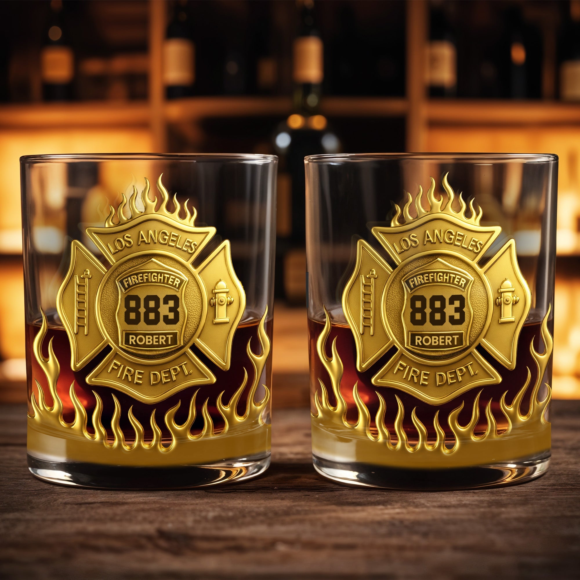 Los Angeles Firefighter, Fire Dept Badge With Flames - Personalized Custom Whiskey Glass - FIF014_RWG