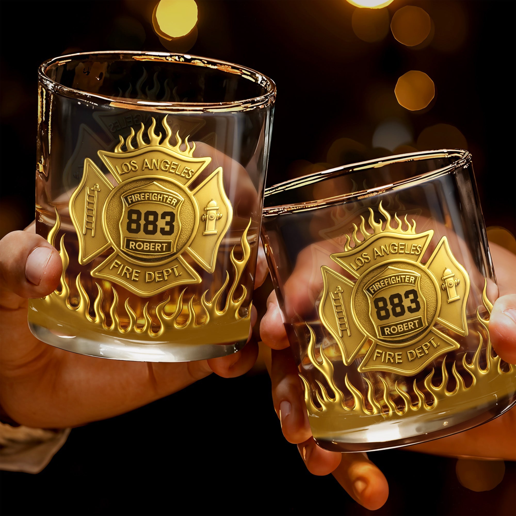 Los Angeles Firefighter, Fire Dept Badge With Flames - Personalized Custom Whiskey Glass - FIF014_RWG