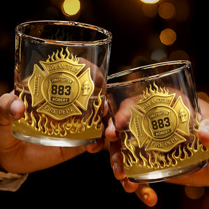 Los Angeles Firefighter, Fire Dept Badge With Flames - Personalized Custom Whiskey Glass - FIF014_RWG
