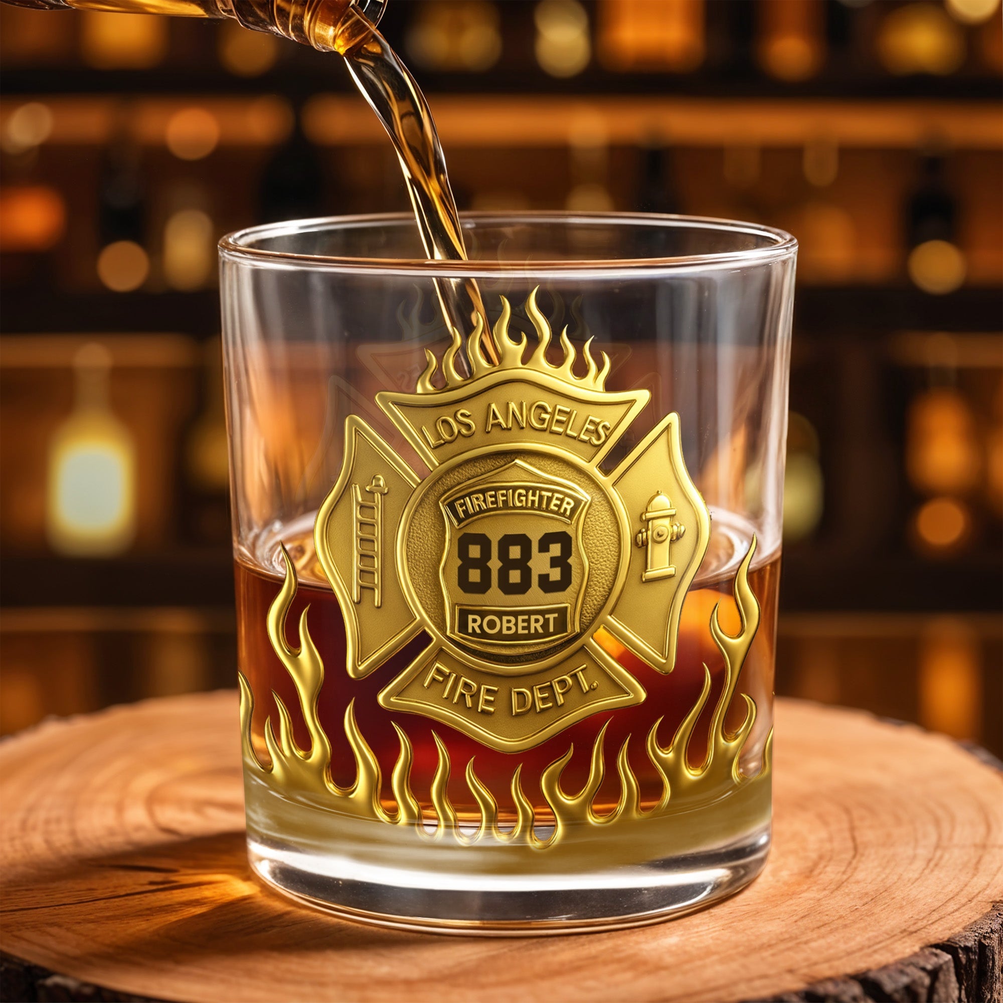 Los Angeles Firefighter, Fire Dept Badge With Flames - Personalized Custom Whiskey Glass - FIF014_RWG