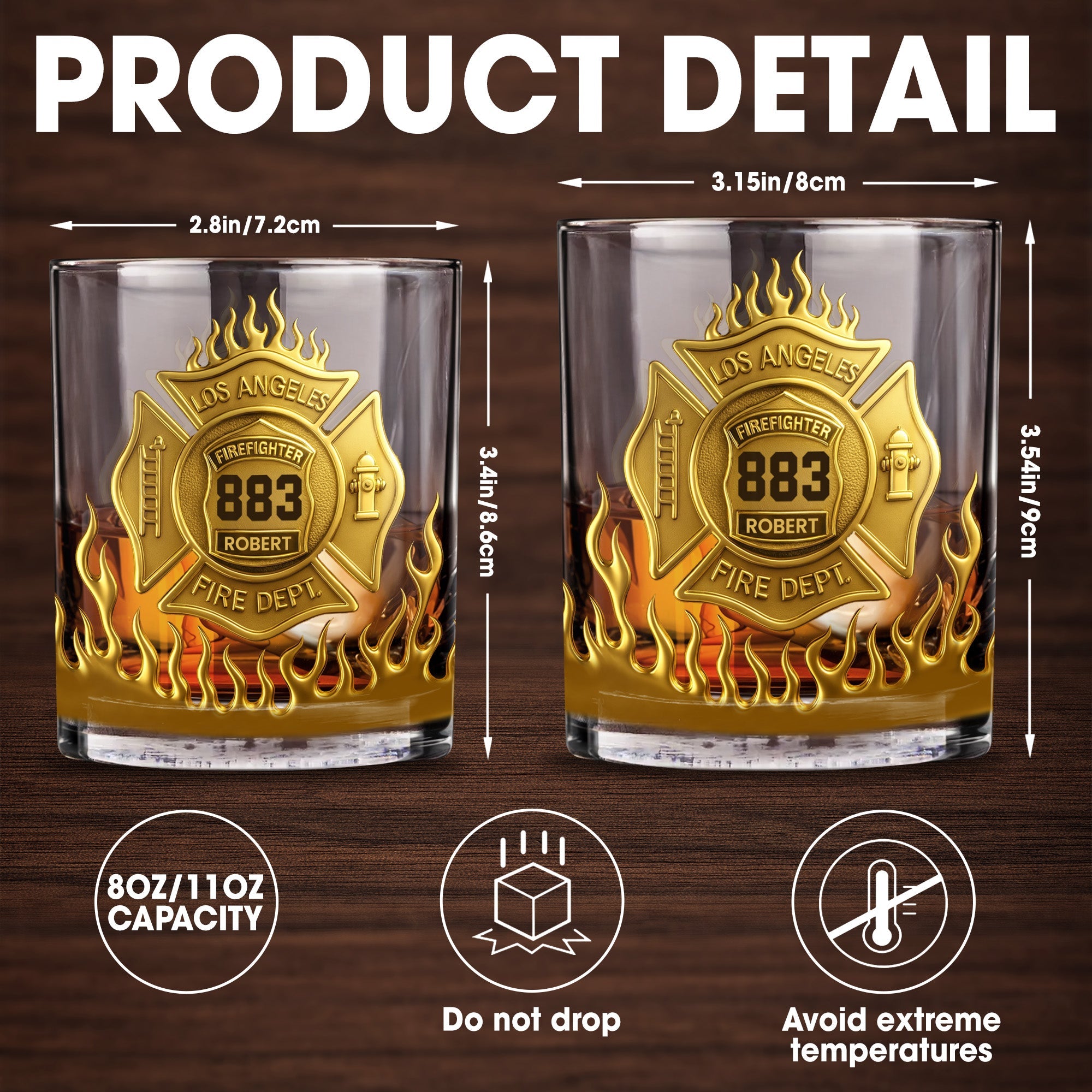 Los Angeles Firefighter, Fire Dept Badge With Flames - Personalized Custom Whiskey Glass - FIF014_RWG