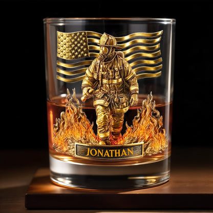 Celebrate Our Heroes, Brave Firefighter And American Flag - Personalized Custom Whiskey Glass - FIF045_RWG