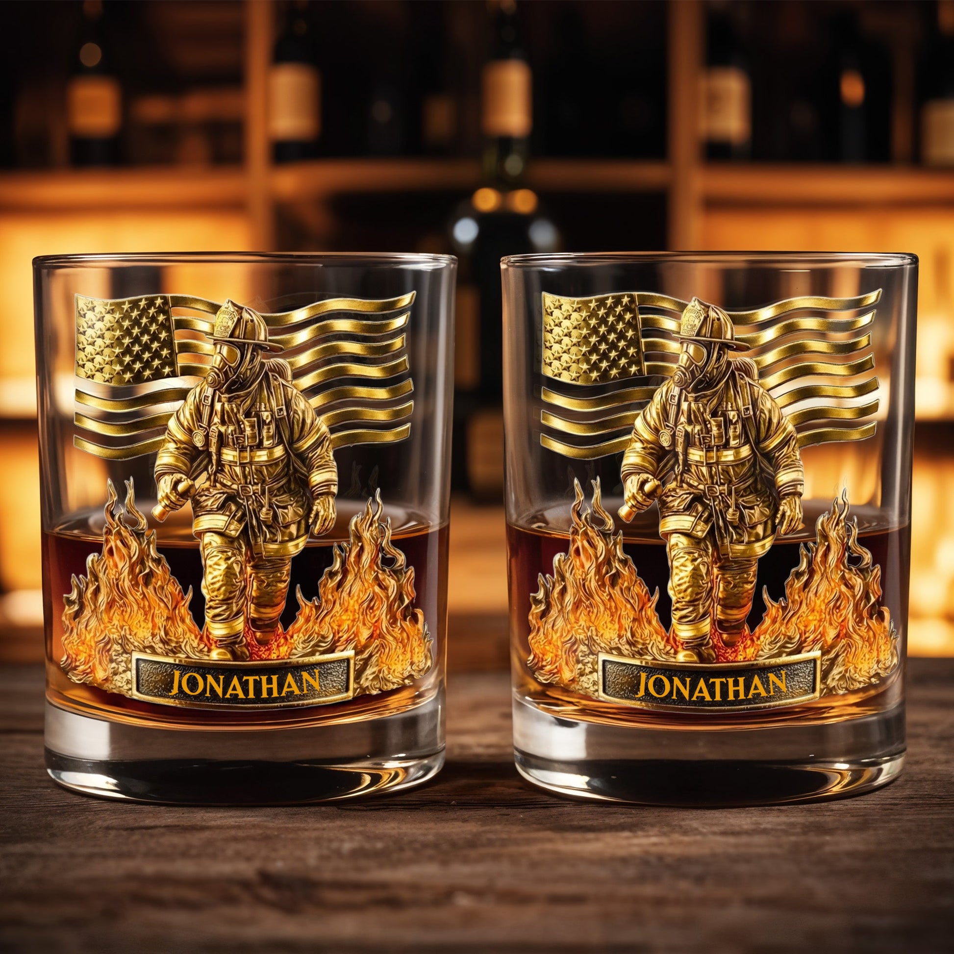 Celebrate Our Heroes, Brave Firefighter And American Flag - Personalized Custom Whiskey Glass - FIF045_RWG