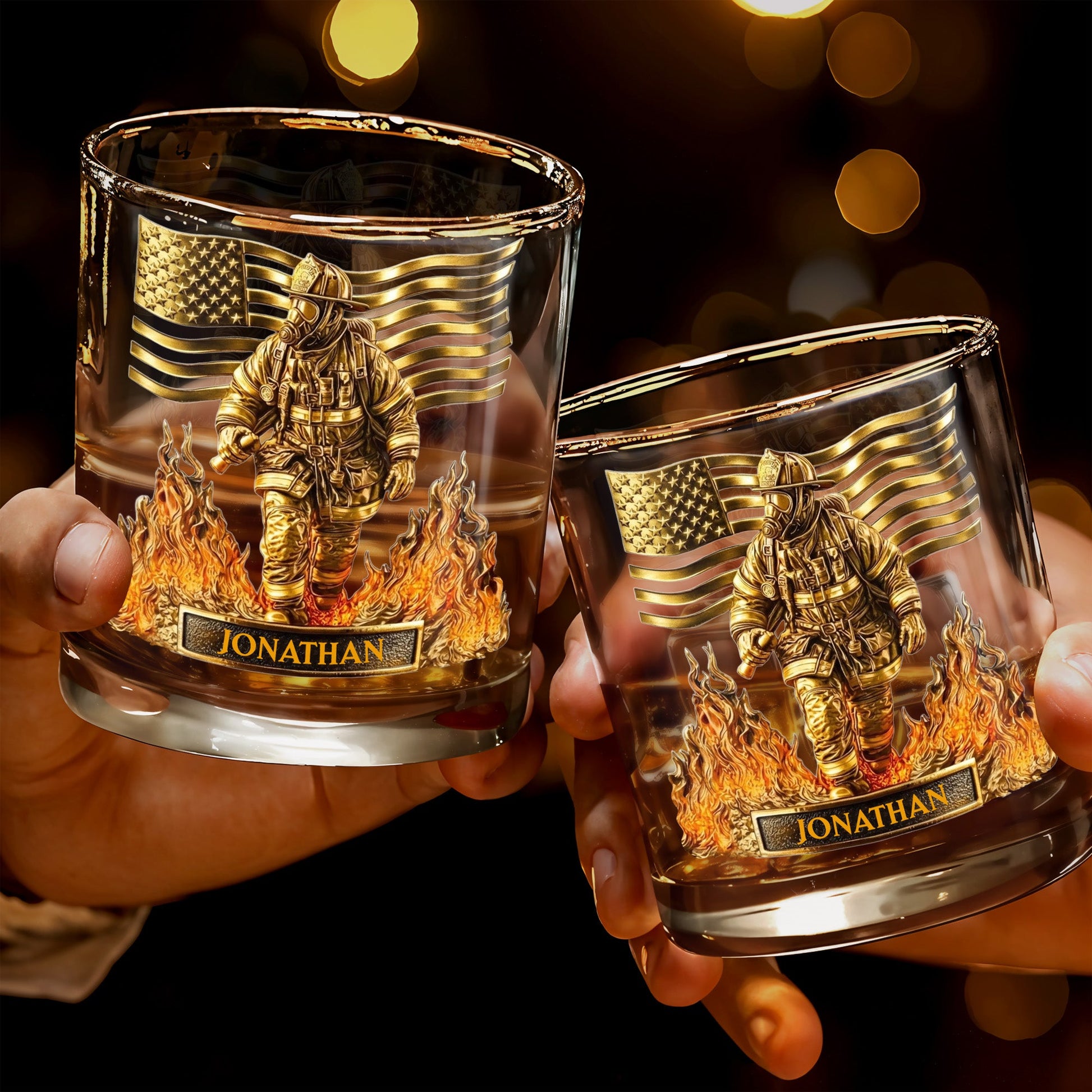 Celebrate Our Heroes, Brave Firefighter And American Flag - Personalized Custom Whiskey Glass - FIF045_RWG