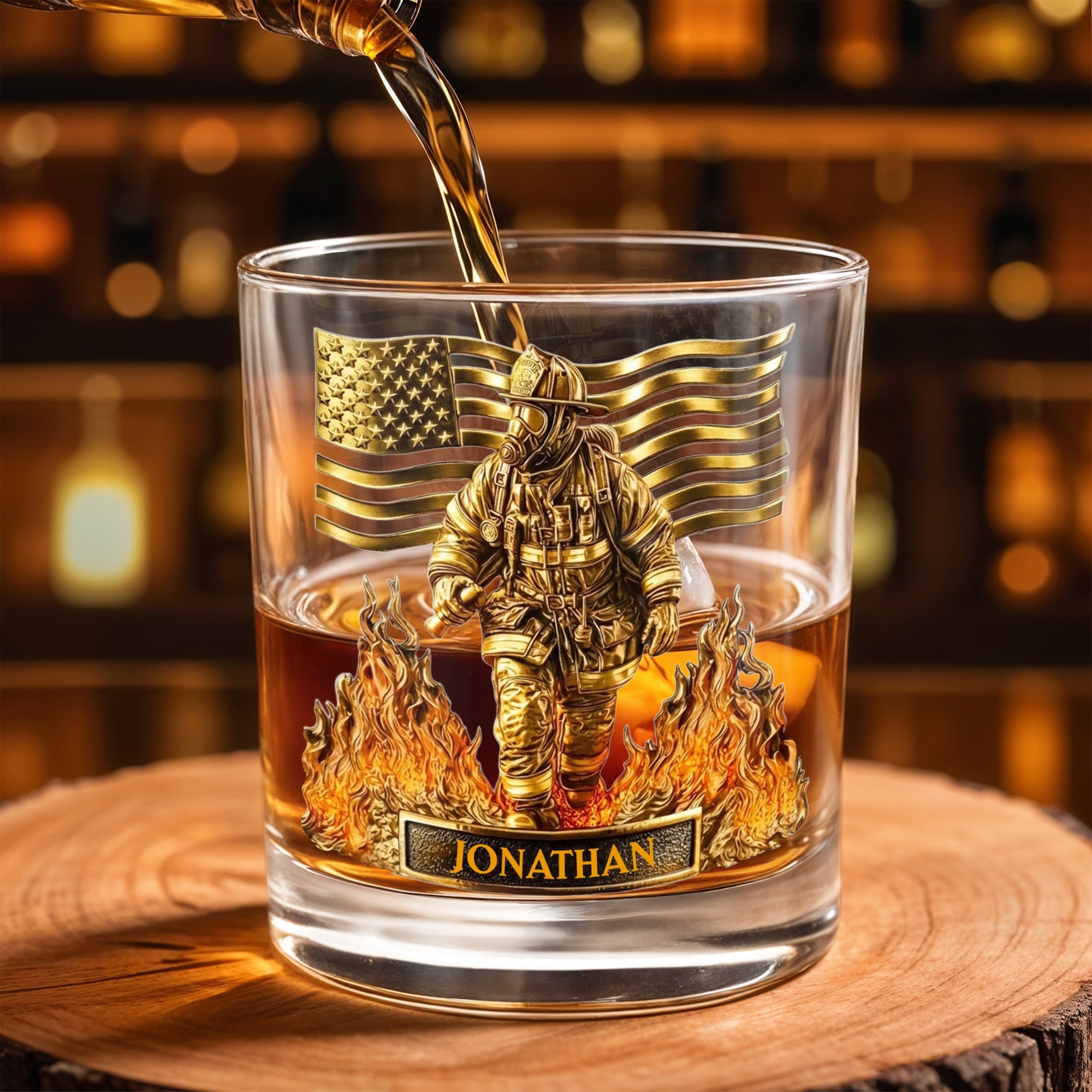 Celebrate Our Heroes, Brave Firefighter And American Flag - Personalized Custom Whiskey Glass - FIF045_RWG