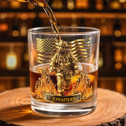 Celebrate Our Heroes, Brave Firefighter And American Flag - Personalized Custom Whiskey Glass - FIF045_RWG