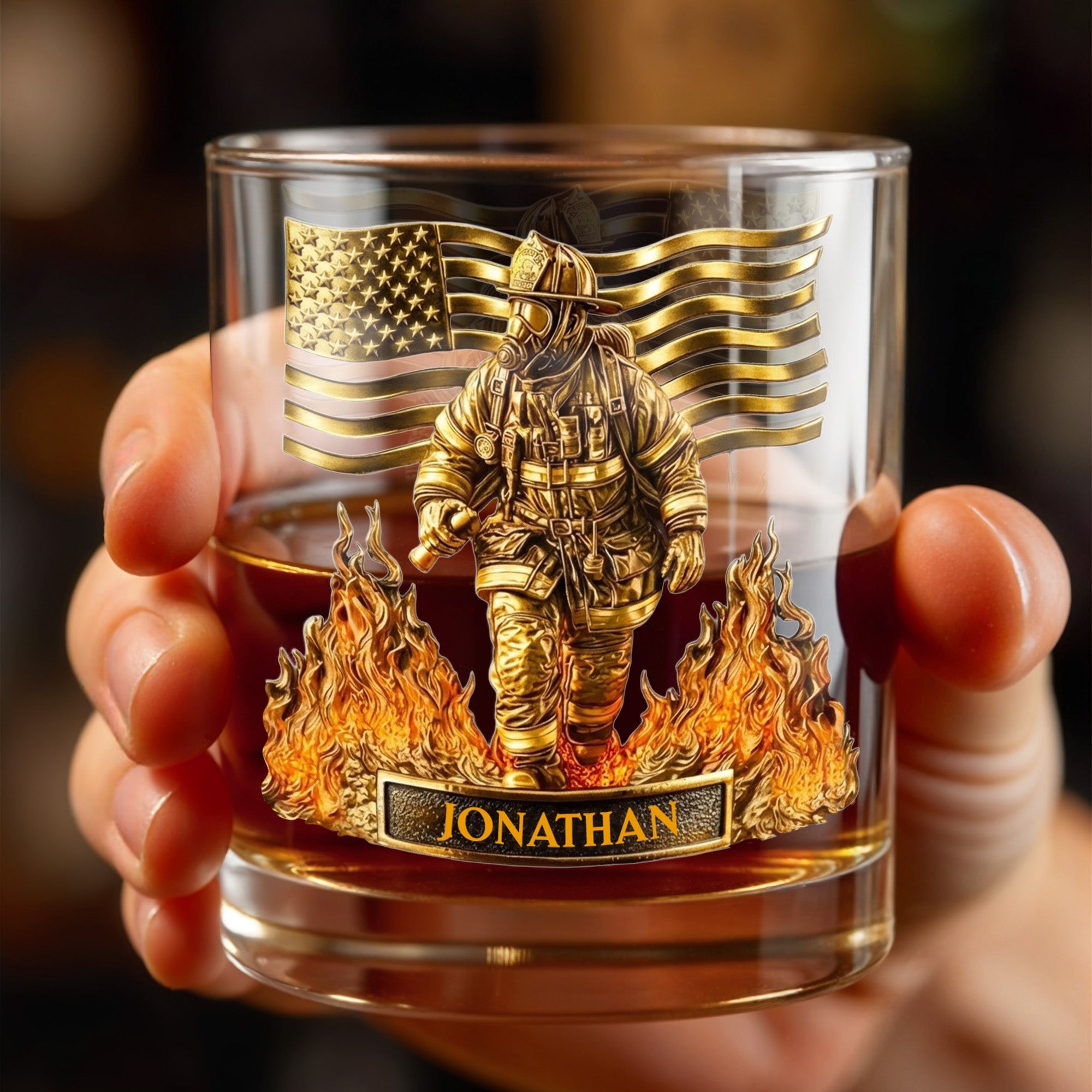 Celebrate Our Heroes, Brave Firefighter And American Flag - Personalized Custom Whiskey Glass - FIF045_RWG
