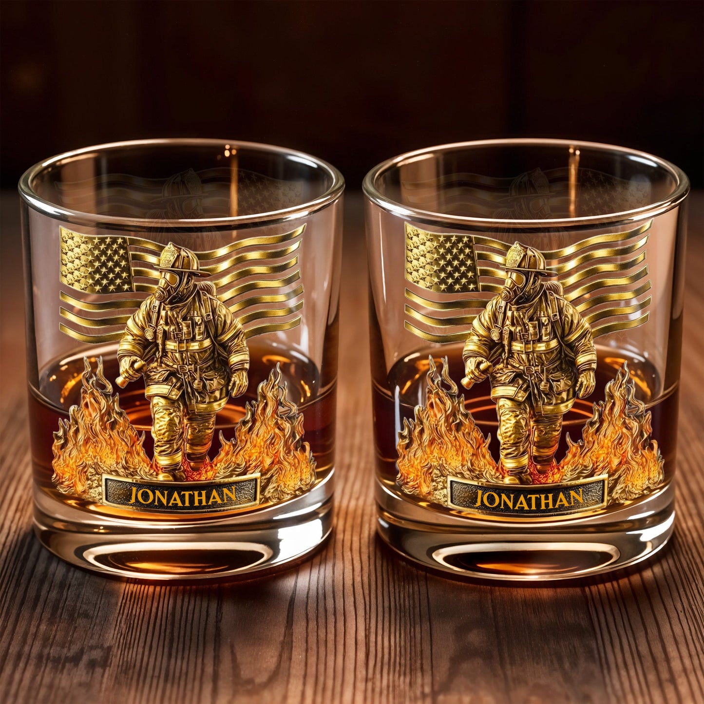 Celebrate Our Heroes, Brave Firefighter And American Flag - Personalized Custom Whiskey Glass - FIF045_RWG