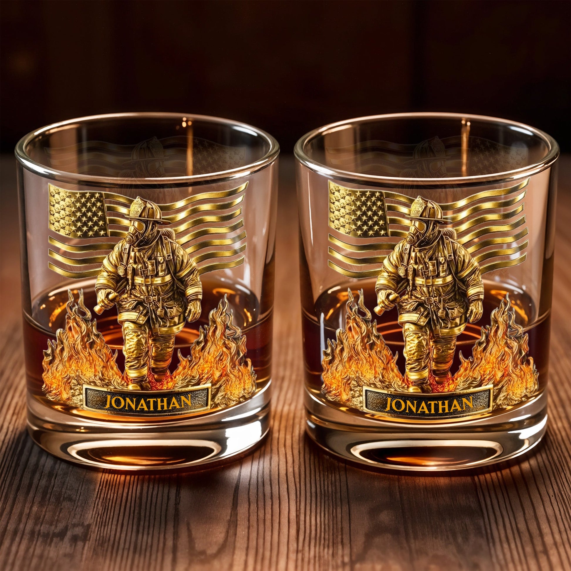Celebrate Our Heroes, Brave Firefighter And American Flag - Personalized Custom Whiskey Glass - FIF045_RWG