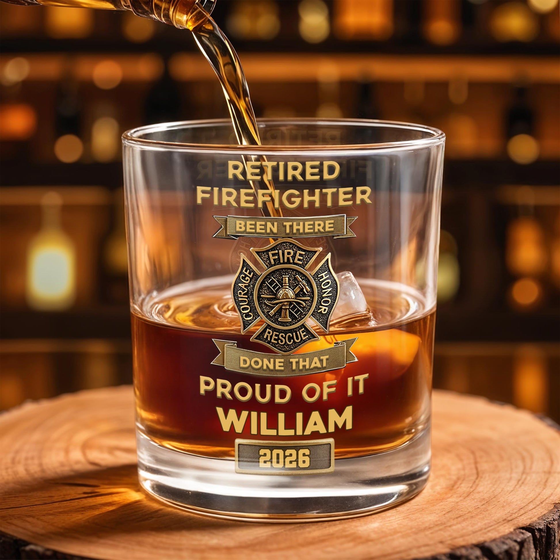Retired Firefighter Courage Fire Honor Rescue Badge - Personalized Custom Whiskey Glass - FIF046_RWG