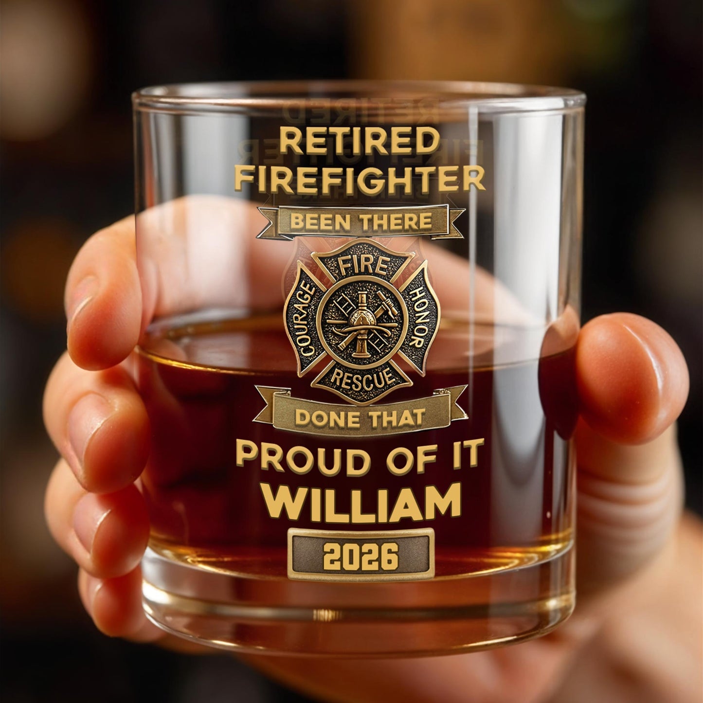 Retired Firefighter Courage Fire Honor Rescue Badge - Personalized Custom Whiskey Glass - FIF046_RWG