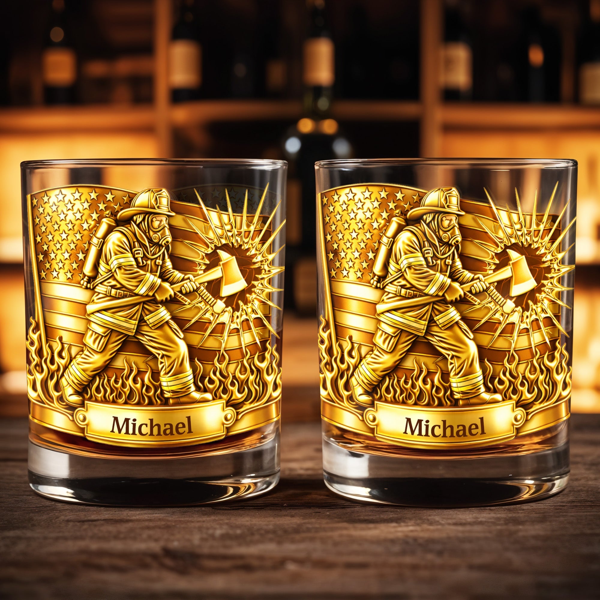 A Hero In Action Serving With Courage Firefighter And American Flag - Personalized Custom Whiskey Glass - FIF060_RWG