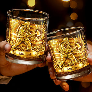 A Hero In Action Serving With Courage Firefighter And American Flag - Personalized Custom Whiskey Glass - FIF060_RWG