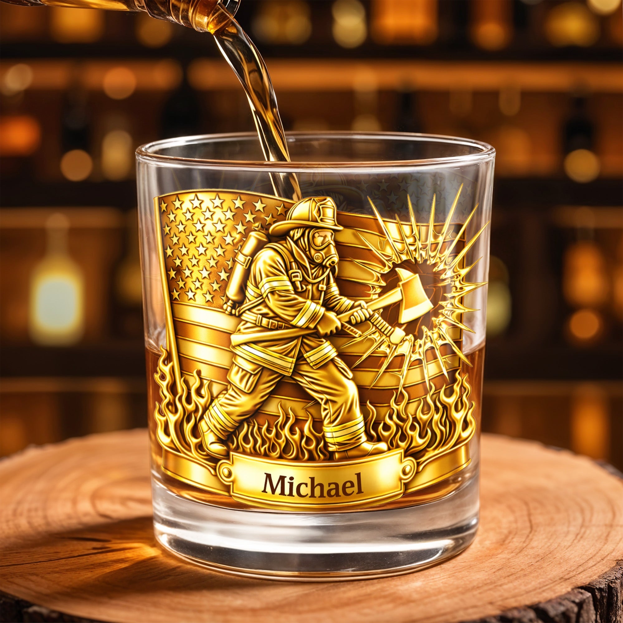 A Hero In Action Serving With Courage Firefighter And American Flag - Personalized Custom Whiskey Glass - FIF060_RWG