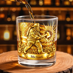A Hero In Action Serving With Courage Firefighter And American Flag - Personalized Custom Whiskey Glass - FIF060_RWG