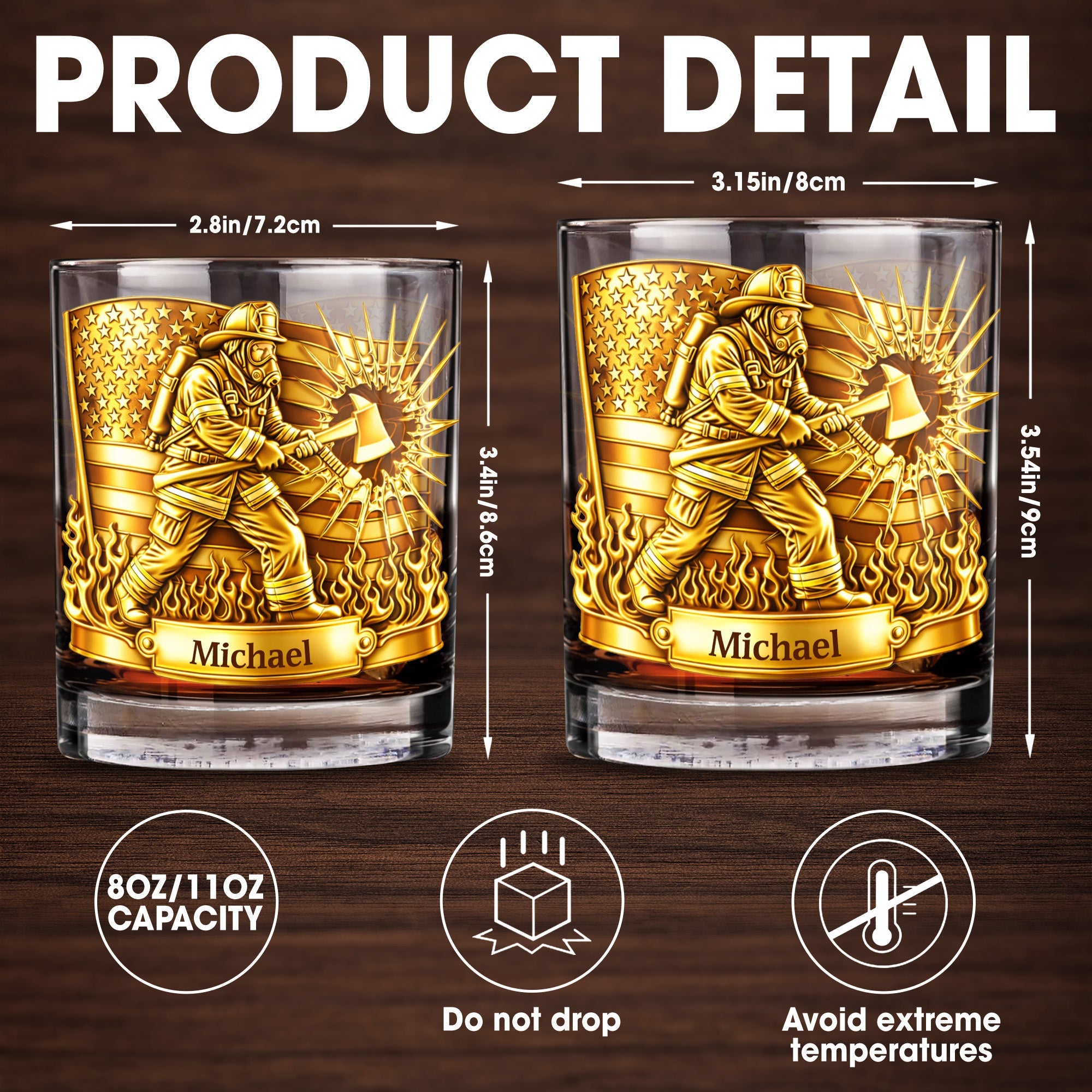 A Hero In Action Serving With Courage Firefighter And American Flag - Personalized Custom Whiskey Glass - FIF060_RWG