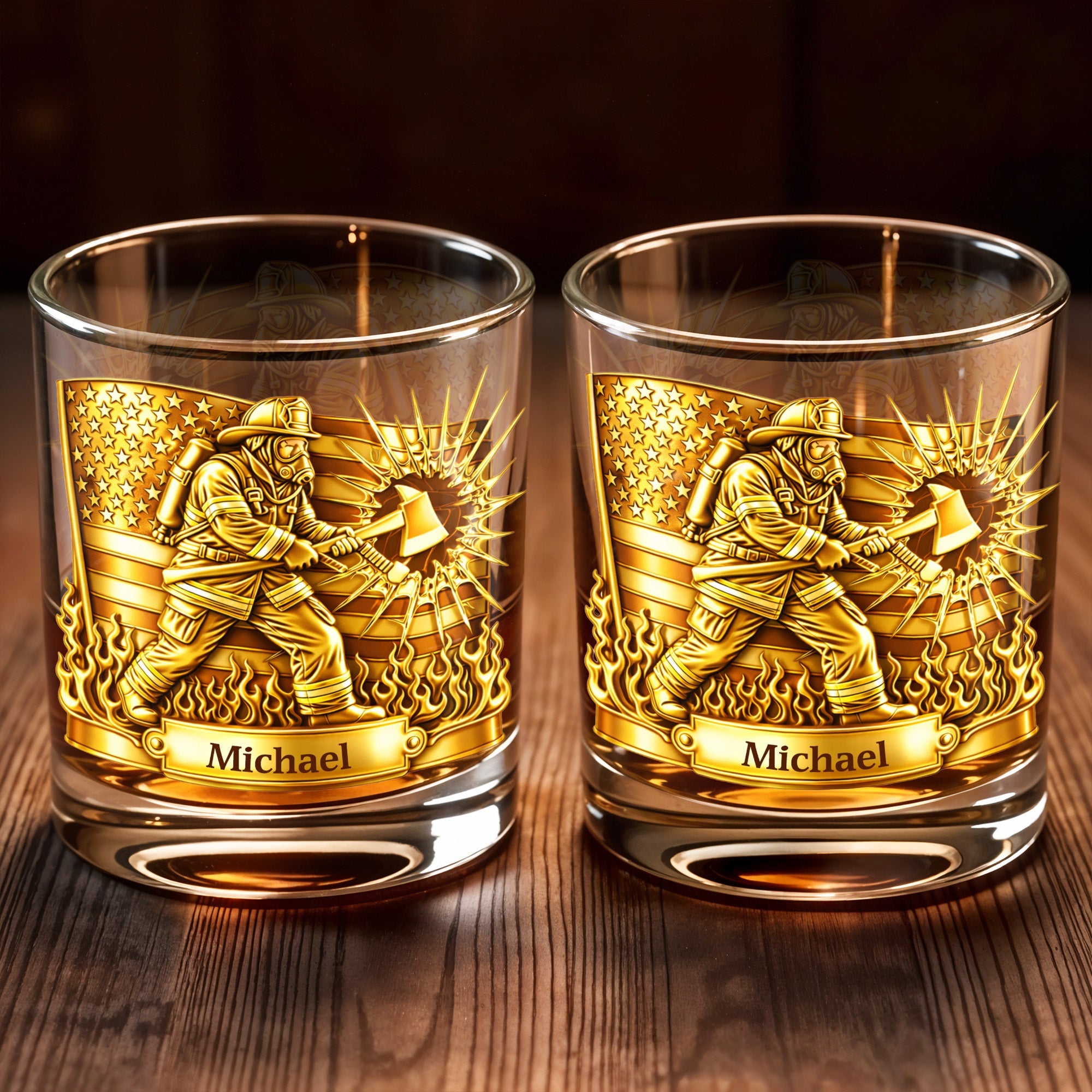 A Hero In Action Serving With Courage Firefighter And American Flag - Personalized Custom Whiskey Glass - FIF060_RWG