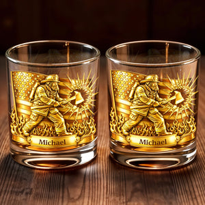 A Hero In Action Serving With Courage Firefighter And American Flag - Personalized Custom Whiskey Glass - FIF060_RWG