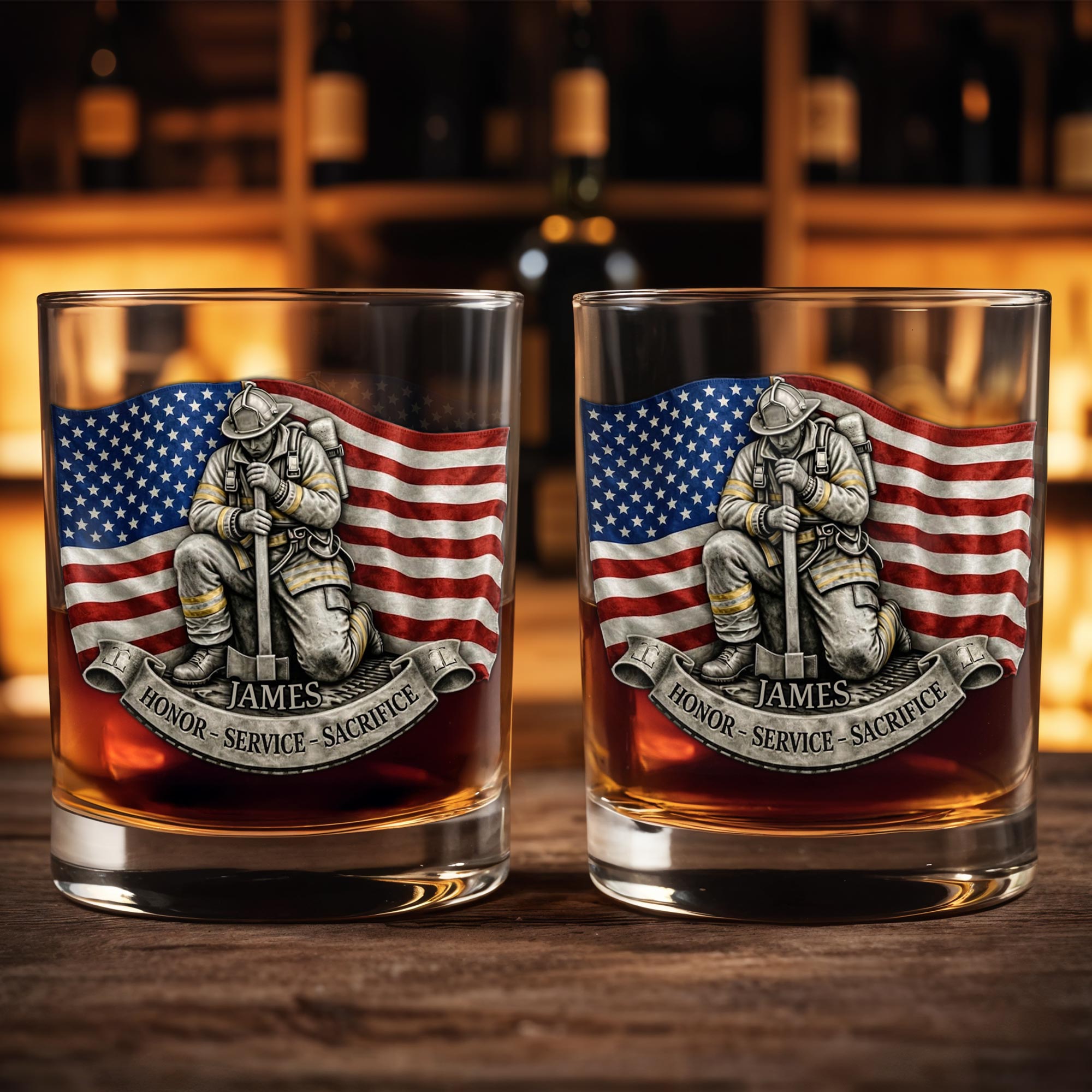 Honor Service Sacrifice Firefighter With American Flag And Axe - Personalized Custom Whiskey Glass - FIF095_RWG