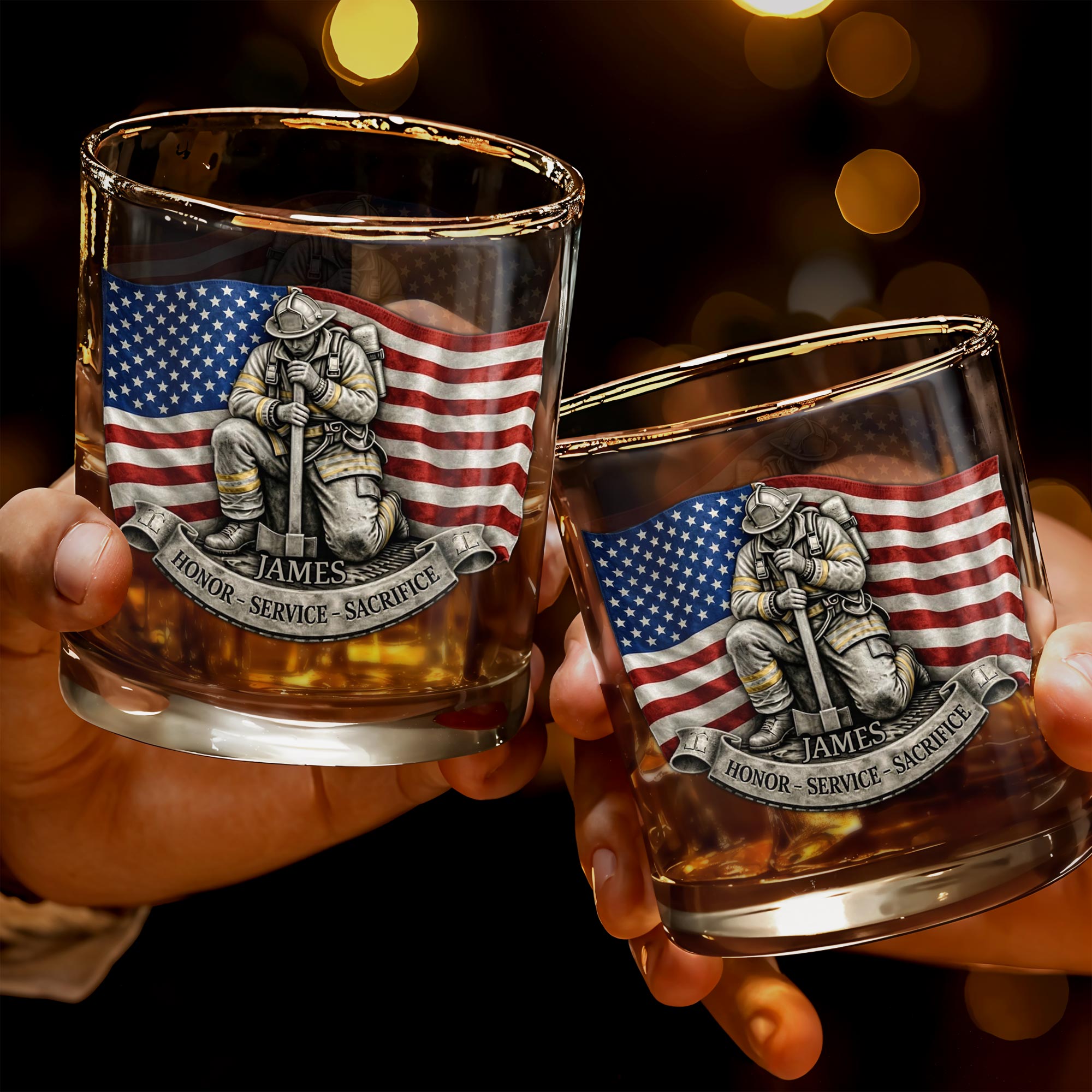 Honor Service Sacrifice Firefighter With American Flag And Axe - Personalized Custom Whiskey Glass - FIF095_RWG