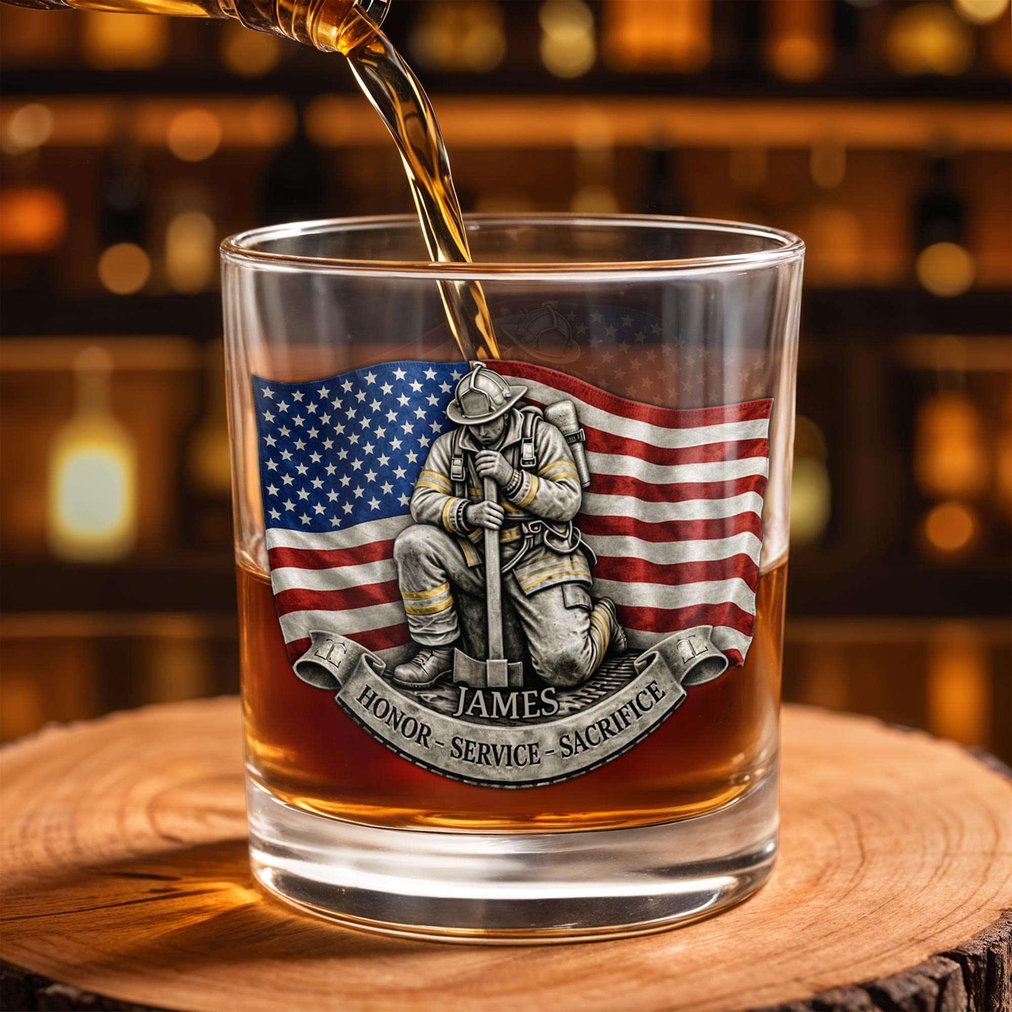 Honor Service Sacrifice Firefighter With American Flag And Axe - Personalized Custom Whiskey Glass - FIF095_RWG